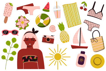 A set of summer things for the beach. Travel to a sunny country. Happy girl in a bikini is resting at the sea. A woman in a swimsuit sunbathes and relaxes near the water. Summer rest. vector