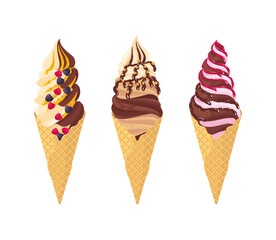 Set of vanilla, chocolate, raspberry ice cream, with caramel syrup, raspberry jam, chopped nuts in a waffle cone isolated on white. Vector illustration, symbol, element, icon, gourmet dessert