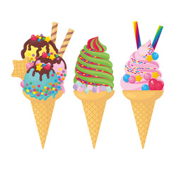 Set of creamy multicolored ice cream, decorated with various confectionery, waffles, chocolate sticks isolated on white. Vector illustration, symbol, element, icon, decoration, refreshing sweet desser