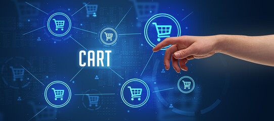 Close-Up of cropped hand pointing at CART inscription, online shopping concept