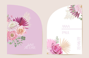 Modern minimal Art Deco wedding vector Invitation set. Boho rose, pampas grass, dahlia card template