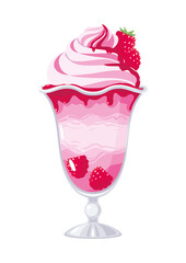 Milk, yoghurt ice cream with raspberries, raspberry jam, in a vase isolated on white. Vector illustration, cartoon, object, icon, emblem, summer refreshing ice cream dessert