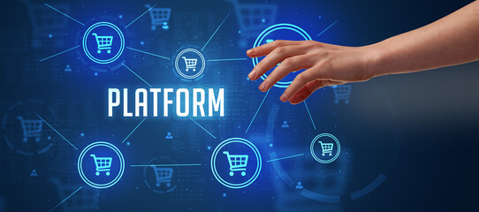 Close-Up of cropped hand pointing at PLATFORM inscription, online shopping concept
