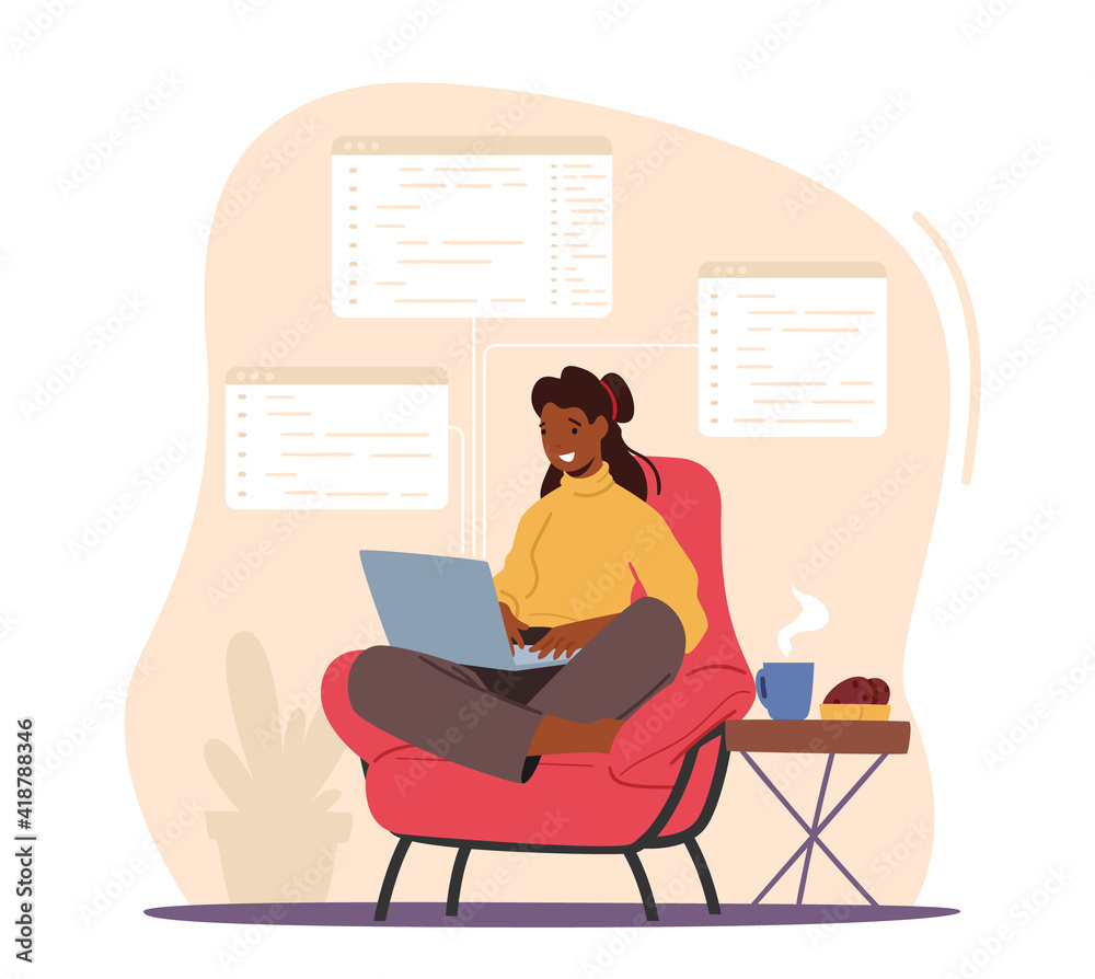 Wall mural female character website designer, website developer programming sitting in armchair with coffee. wo