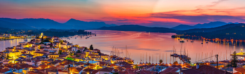 Panoramic view of greek town Poros at sunset, Greece
