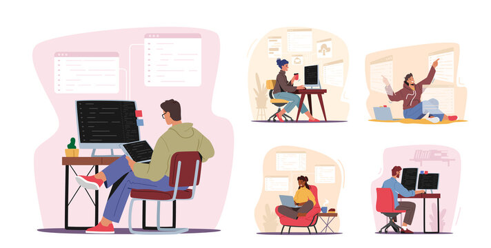 Set Programmers Working Concept. Designer Characters Working on Computer Coding, Programming Website Creating Software
