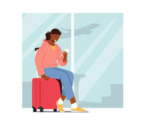 Smiling Young Female Character Sitting on Luggage Holding Smartphone in Hands Waiting Departure in Airport Terminal Area