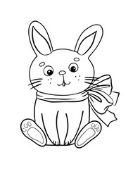 cute fluffy rabbit with bow on neck, black and white hand-drawn outline, isolated doodle on white background
