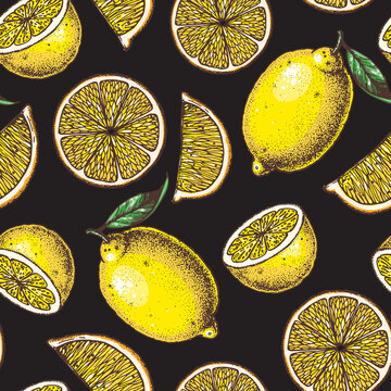 Lemon seamless pattern. Fresh citrus background. Hand drawn vector illustration. Organic food, citrus design template. Colored illustration.