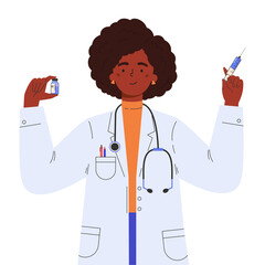 Vaccine discovery concept. Scientists doctor with test tube and syringe. Young female african american doctor in a medical gown. Vector illustration in flat cartoon style.