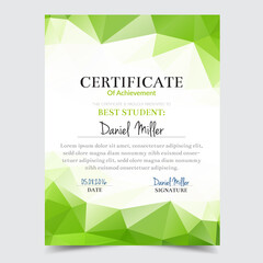 Certificate template with green geometric elegant design, Diploma design graduation, award, success.
