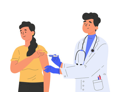 Male doctor makes a vaccine to female patient. Concept illustration for immunity health. Covid vaccine. Doctor in a medical gown and gloves. Flat illustration isolated on white background. 