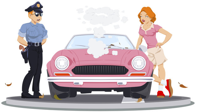 Girl in car accident. Broken auto. Illustration for internet and mobile website.