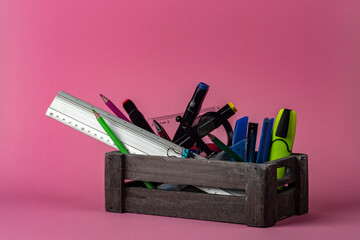 Stationery in an old wooden box.