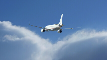 Fototapeta na wymiar Zoom photo of passenger plane flying above deep blue cloudy sky