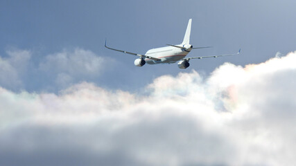 Fototapeta na wymiar Zoom photo of Airbus A320 passenger plane flying above deep blue cloudy sky