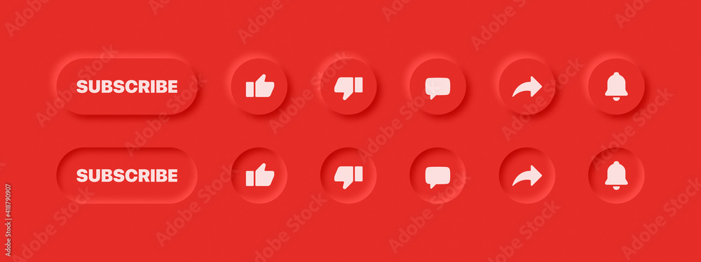 Poster neumorphic ui ux design elements 3d vector buttons youtube like dislike comment share notifications 