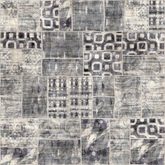 Seamless patchwork collage mix quilt pattern print. High quality illustration. Random selection of small rectangular gray fabric patterns stitched together digitally into a seamless pattern for print.