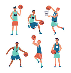 Men are playing basketball. Flat design concept with guys who go in for sports playing ball. Vector illustrations of athletes on a white background.