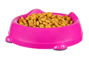 Pink plastic bowl with dry cat food isolated on white background