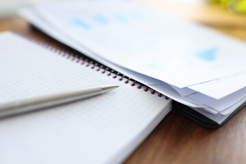 Pen with notebook and documents are on table