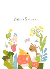 Little cartoon animals in summer plants and flowers