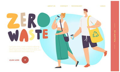 Bio Degradable Package, Zero Waste Natural Packing Landing Page Template. Man and Woman Eco Friendly Bags, Ecology