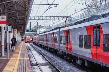 Fototapeta na wymiar Highspeed trains by the station platform at winter day.