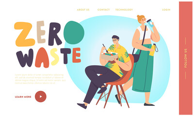 Character Drinking Coffee, Eating Food Use Zero Waste Recycling Package Landing Page Template. Fight with Contamination