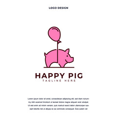 Creative cute piggy pink and balloon icon logo design vector illustration. balloon and pig logo design color editable