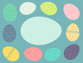 Easter eggs card background. Colorful Easter eggs border. Bird eggs collection.
