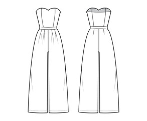 Strapless jumpsuit overall technical fashion illustration with full length, normal waist, high rise, double pleats. Flat apparel garment front back, white color style. Women, men unisex CAD mockup