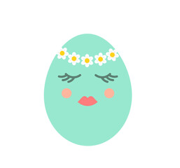 Cute Easter egg girl face with spring flower crown.
