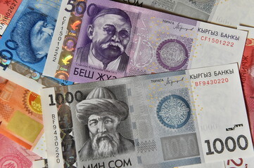 a current money of kirguistan with selective focus