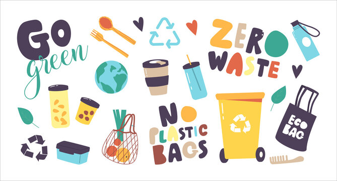 Set of Icons Zero Waste, No Plastic Theme. Recycling Litter Bin, Bamboo or Wooden Utensils, Eco Bag and Earth Globe