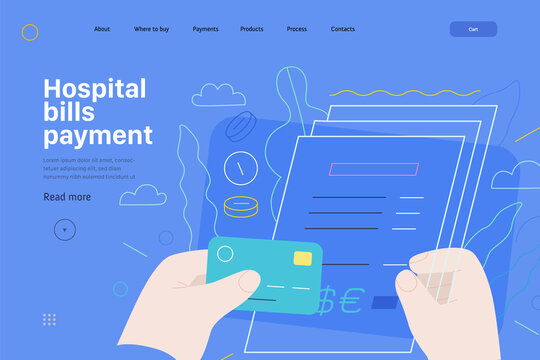 Medical Insurance Web Page Template- Hospital Bills Payment -modern Flat Vector Concept Digital Illustration - Patient Signing A Stack Of Invoices, Holding A Credit Card, Medical Service Metaphor