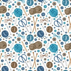 Watercolor Knitting and Crocheting Tools seamless pattern. Wool Yarn Skeins, Balls, Wooden Knitting needles, Crochet Hook, Scissors. Hand drawn background for knitters blog, wrapping paper, textile