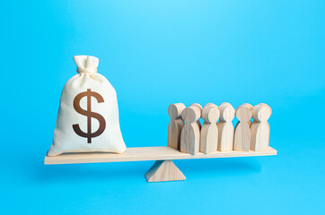 Group of people and dollar money bag on weight scales. Required payment of staff salaries. Staff...