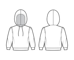 Hoody sweatshirt technical fashion illustration with elbow sleeves, relax body, banded hem, drawstring. Flat small apparel template front, back, white color style. Women, men, unisex CAD mockup