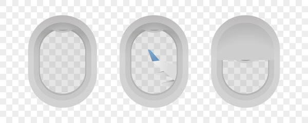 Realistic airplane window. Vectot illustration on  transparent background.Airplane window set. illuminator with transparent glas icon.
