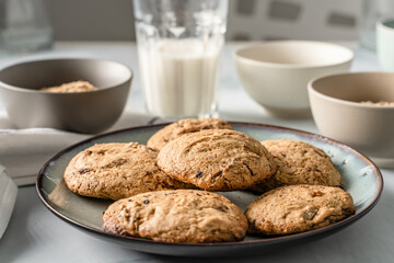 Close up front view on crunchy oatmeal chip cookies fresh baked biscuits with chocolate and cocoa in a plate on the table and ingredients beside homemade food concept