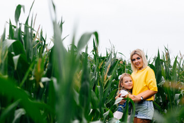 Fototapeta premium Young mother and her daughter in a corn field with green leaves