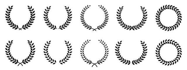 Laurel wreath of victory icon. Set black silhouette circular laurel foliate, wheat and oak wreaths depicting an award, achievement, heraldry, nobility. Emblem floral greek branch flat icons © dlyastokiv