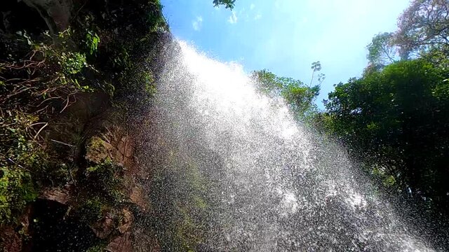 Slow motion video from inside a waterfall.