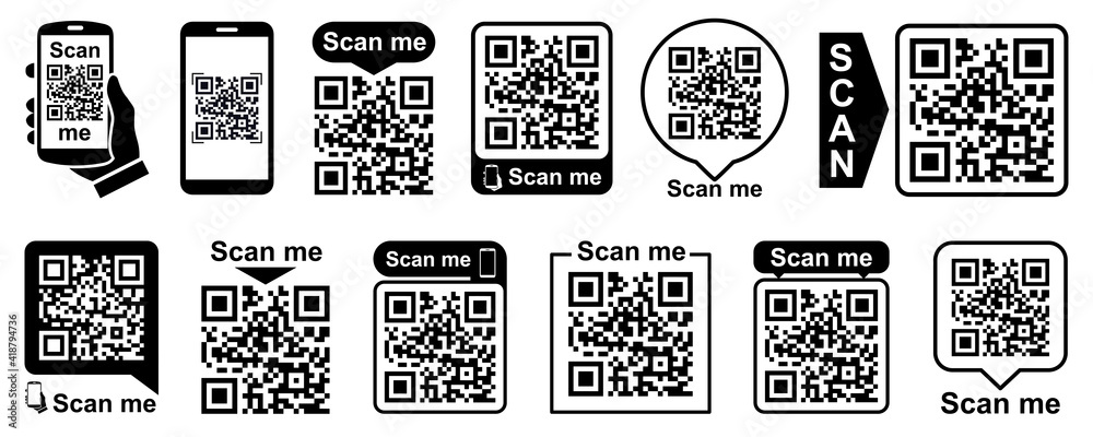 Poster Set QR - Quick Response Code, Inscription scan me, Qr code for smartphone, payment, mobile app scan, QR code collection – vector