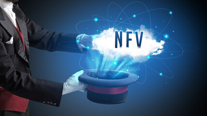 Magician is showing magic trick with NFV abbreviation, modern tech concept