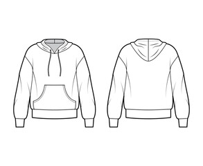 Hoody sweatshirt technical fashion illustration with long sleeves, oversized body, kangaroo pouch, banded hem, drawstring. Flat large template front, back, white color. Women, men, unisex CAD mockup