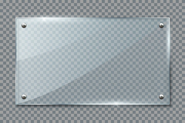 Blank poster in 3d realistic glass or plastic frame hanging on wall isolated on transparent background. Empty photo frame template, banner plexiglass holder mock-up, rectangular name horizontal plate
