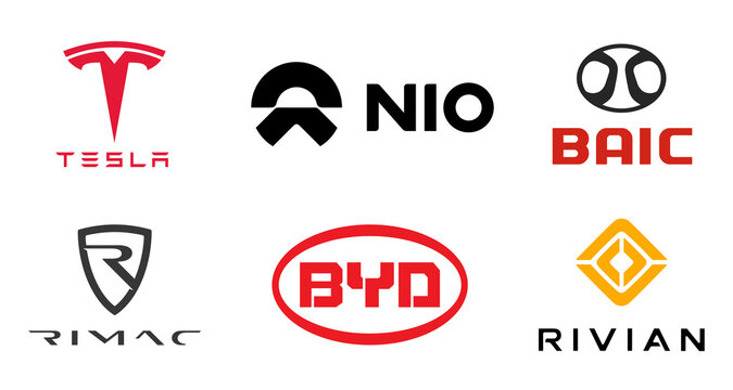 Kiev, Ukraine - March 07, 2021: Set electric car company logos. Collections electric driving car manufacturer: Tesla, Nio, BAIC, Rimac, BYD, Rivian. Editorial vector