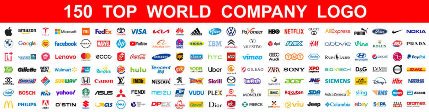 Kiev, Ukraine - March 07, 2021: Top 150 most popular famous and biggest world company logo brands. The largest and most powerful corporations in the world. Editorial vector